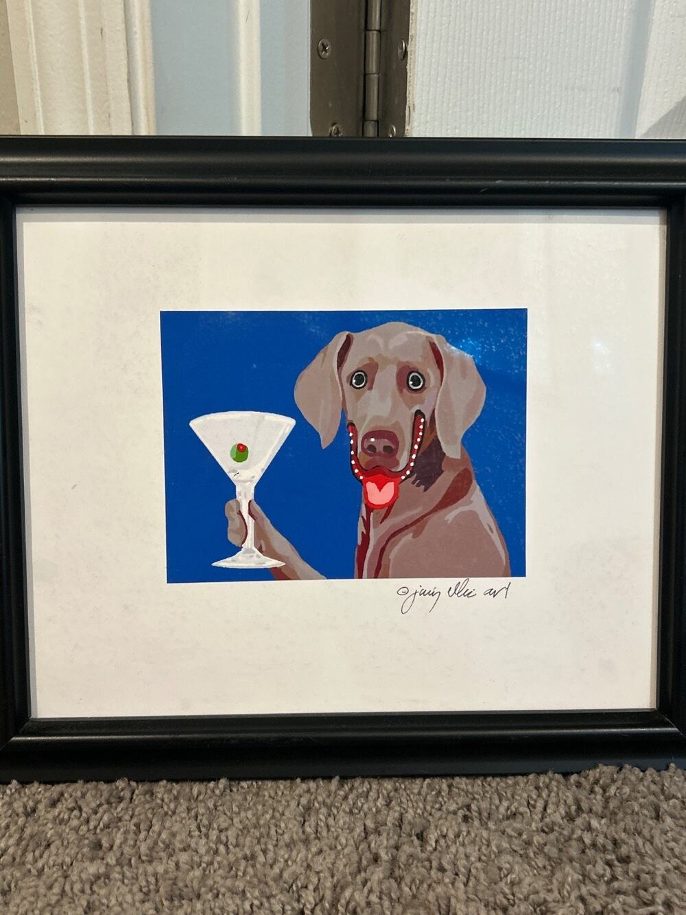 Signed Print by Jummy Ellis - Weimaraner drinking a cocktail